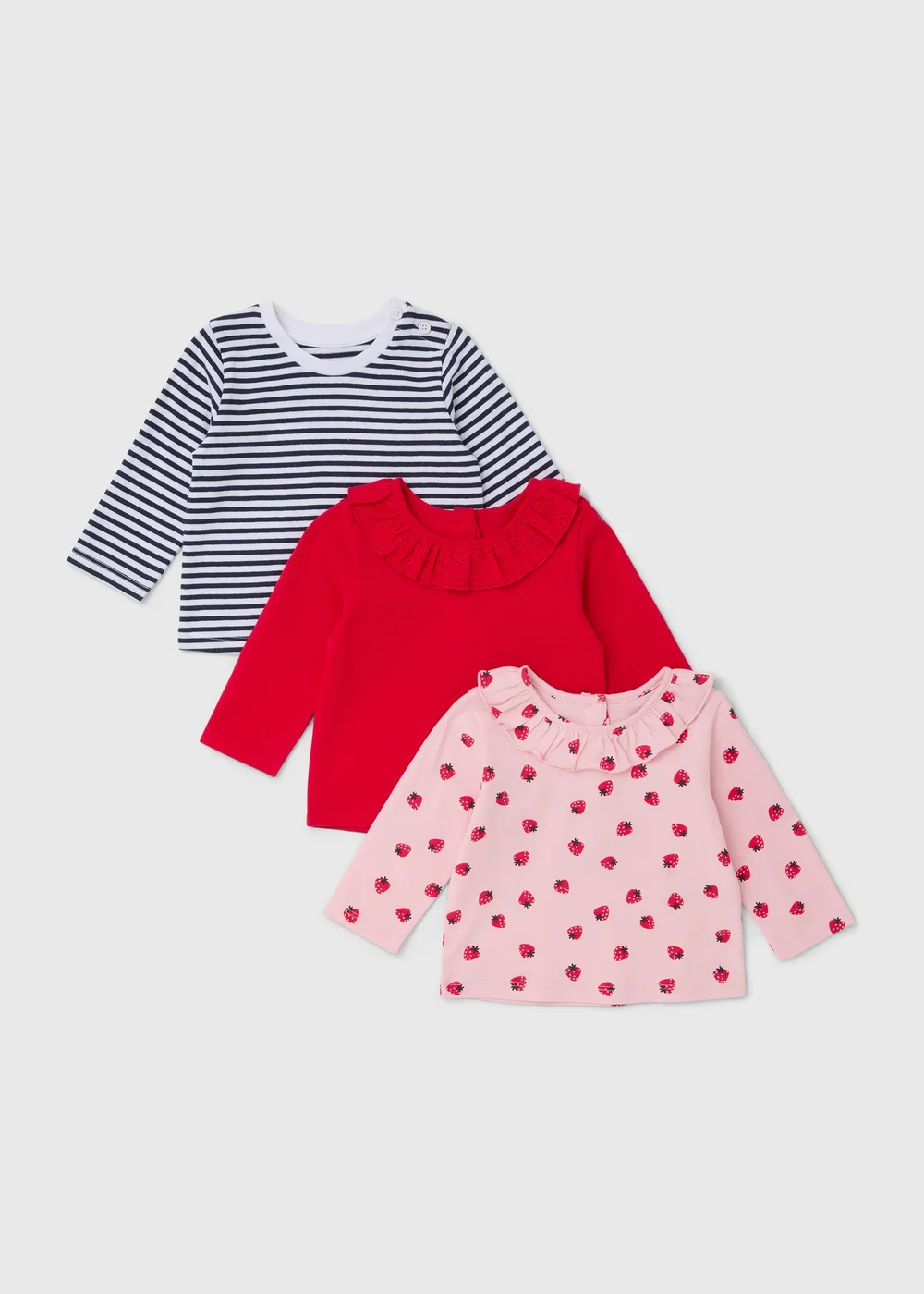 3 Pack Girls Red Strawberry Long Sleeve Tops (Newborn-23mths) - 0-3 months Image 1