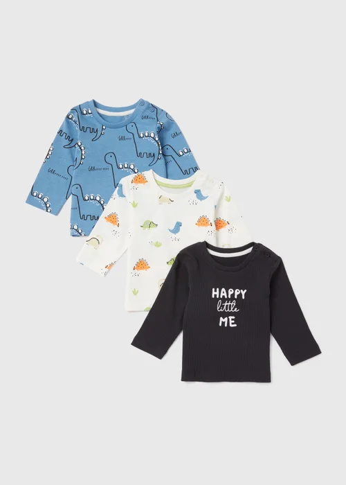 Baby 3 Pack Dino Print Long Sleeve T-Shirts (Newborn-23mths) - 0-3 months Image 1