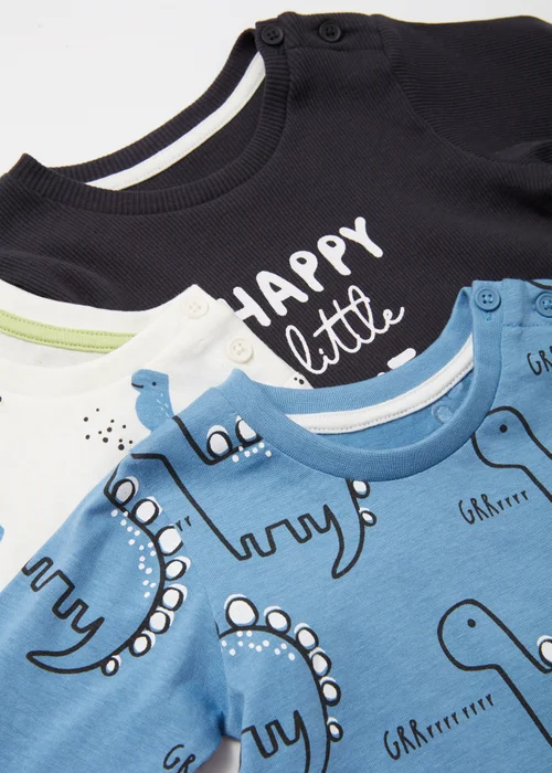 Baby 3 Pack Dino Print Long Sleeve T-Shirts (Newborn-23mths) - 0-3 months Image 2