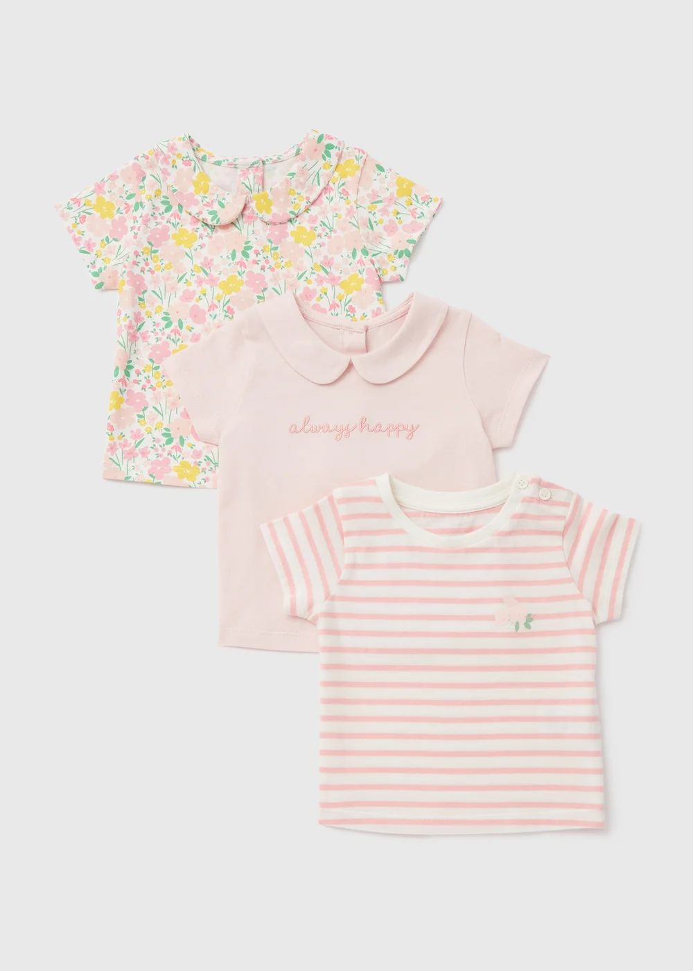 Baby 3 Pack Girls Pink Floral T-Shirt (Newborn- 23mths) - 0-3 months Image 1