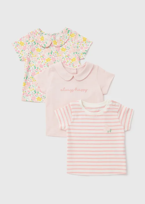 Baby 3 Pack Girls Pink Floral T-Shirt (Newborn- 23mths) - 0-3 months Image 1