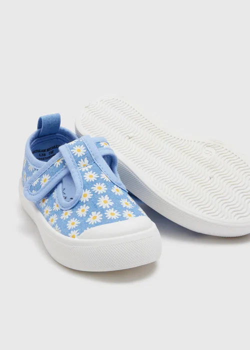 Girls Blue Canvas Floral T-Bar Shoes (Younger 4-12) - Size 4 Infants Image 2