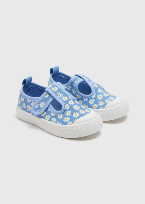 Girls Blue Canvas Floral T-Bar Shoes (Younger 4-12) - Size 4 Infants Image 1