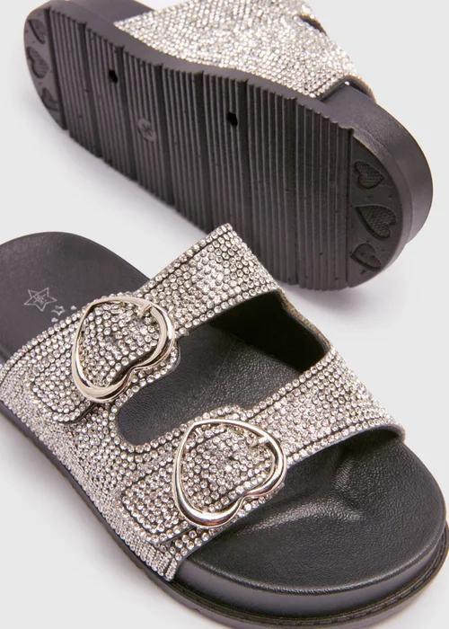 Girls Black Diamante Buckle Sliders (Younger 10-Older 5) - 1 Image 2