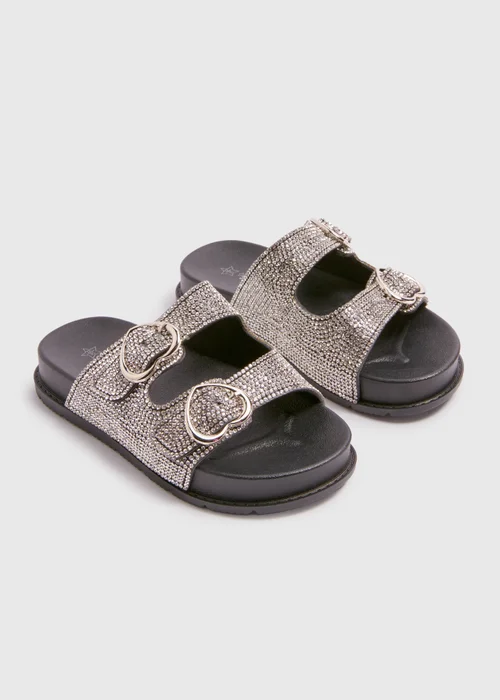 Girls Black Diamante Buckle Sliders (Younger 10-Older 5) - 1 Image 1