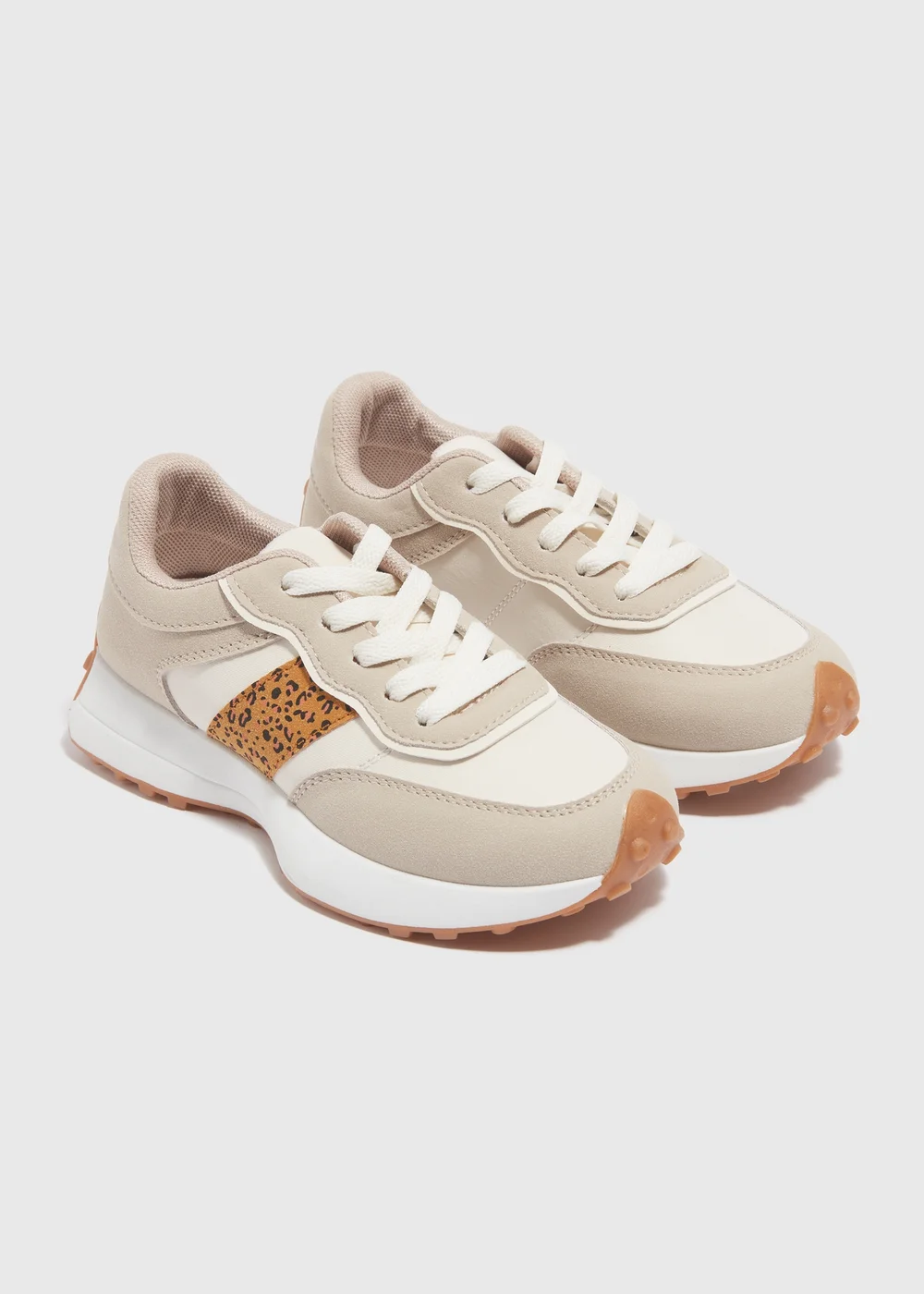 Girls Beige Leopard Detail Lace Up Trainers (Younger 10-Older 5) - 2 Image 1