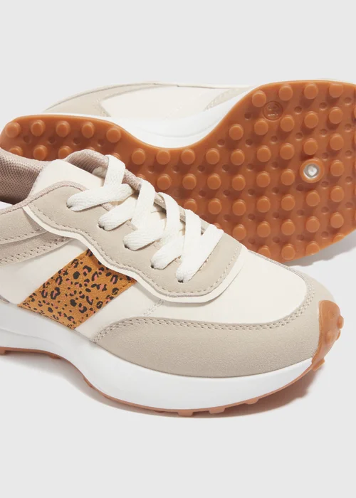 Girls Beige Leopard Detail Lace Up Trainers (Younger 10-Older 5) - 2 Image 2