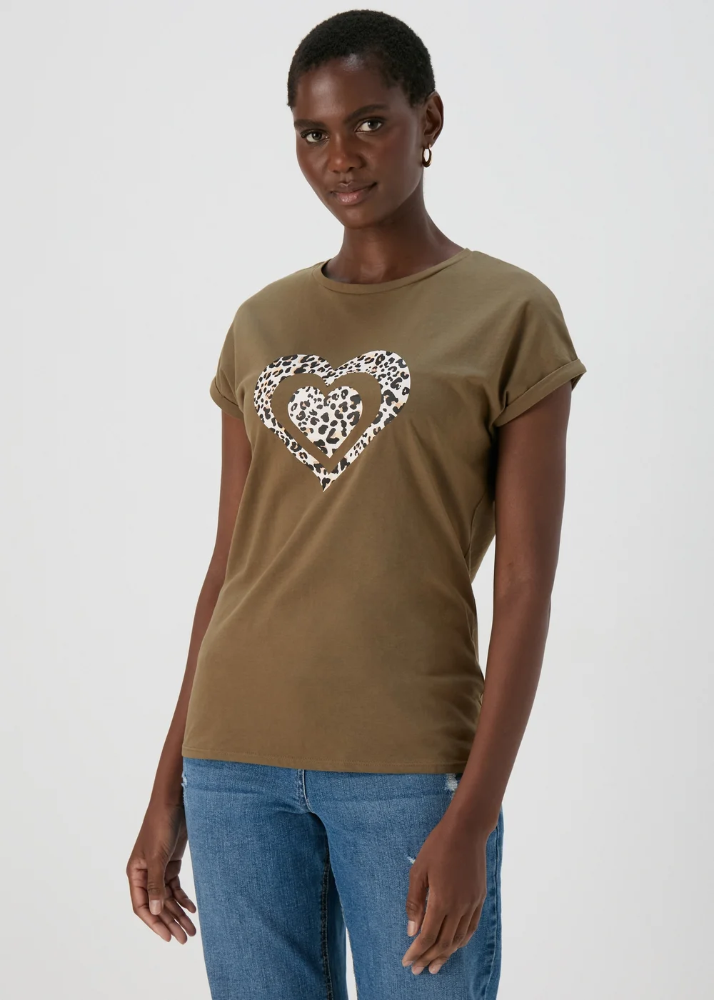Khaki Heart Slogan T-Shirt - Small Image 1