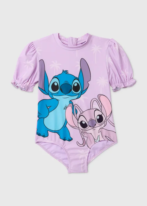 Disney Girls Lilac Lilo & Stitch Puff Sleeve Swimsuit (1-7yrs) - 1-1.5 Yrs Image 1