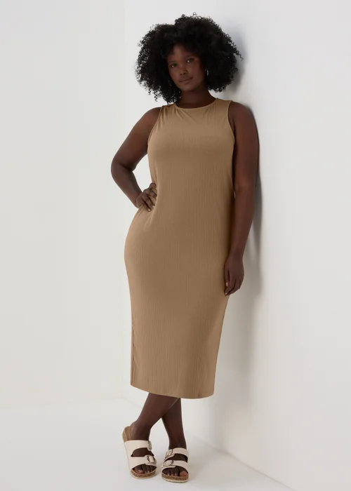 Taupe Racer Ribbed Midi Dress - 8 Image 2