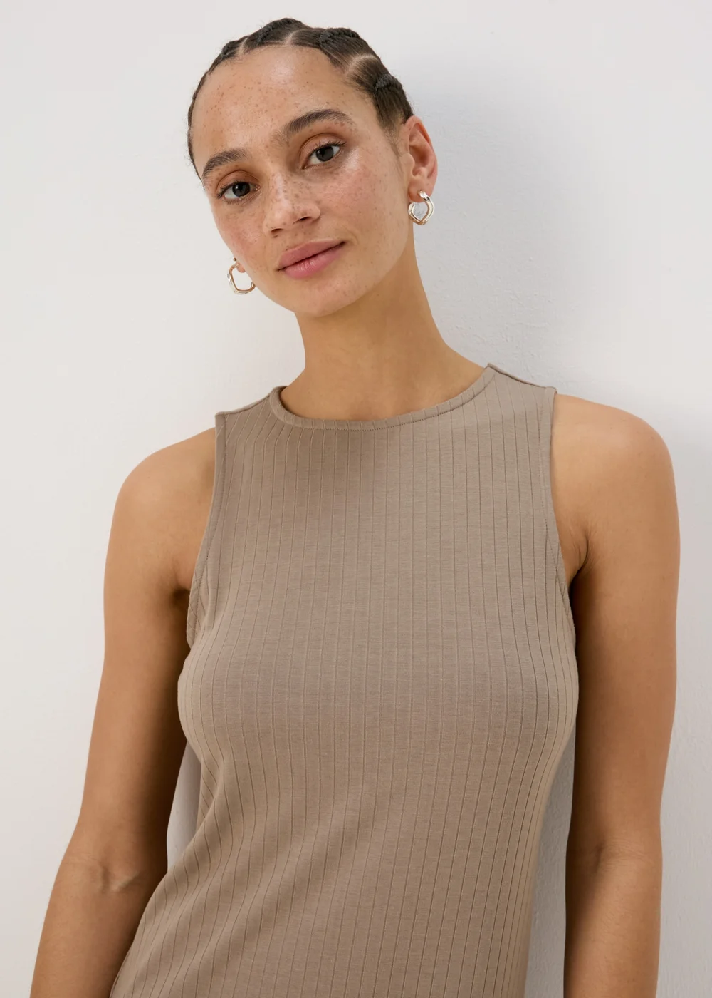 Taupe Racer Ribbed Midi Dress - 8 Image 5