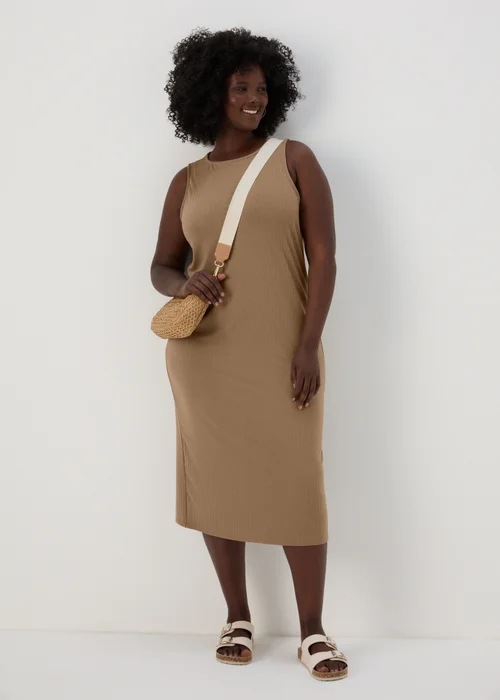 Taupe Racer Ribbed Midi Dress - 8 Image 8
