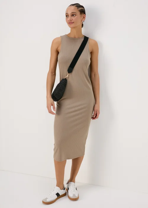 Taupe Racer Ribbed Midi Dress - 8 Image 7