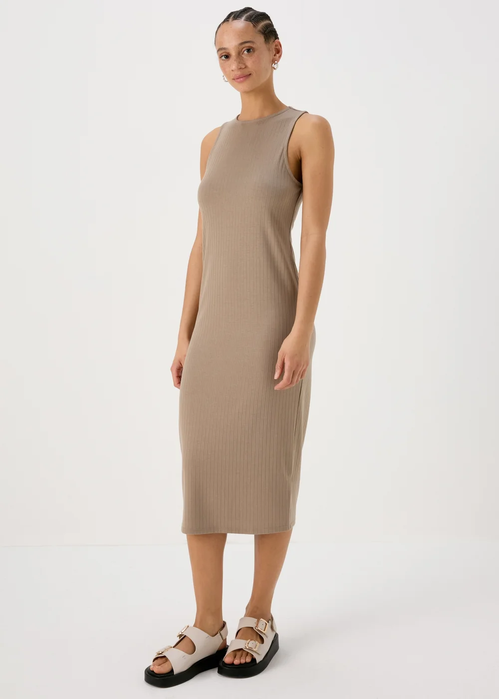 Taupe Racer Ribbed Midi Dress - 8 Image 1
