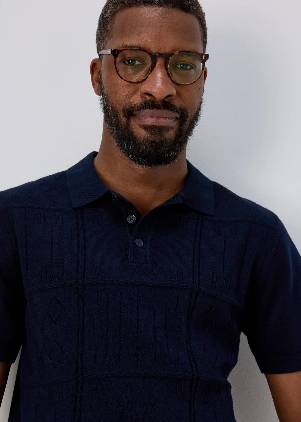 Navy Pointelle Smart Knitted Polo - S Image 3