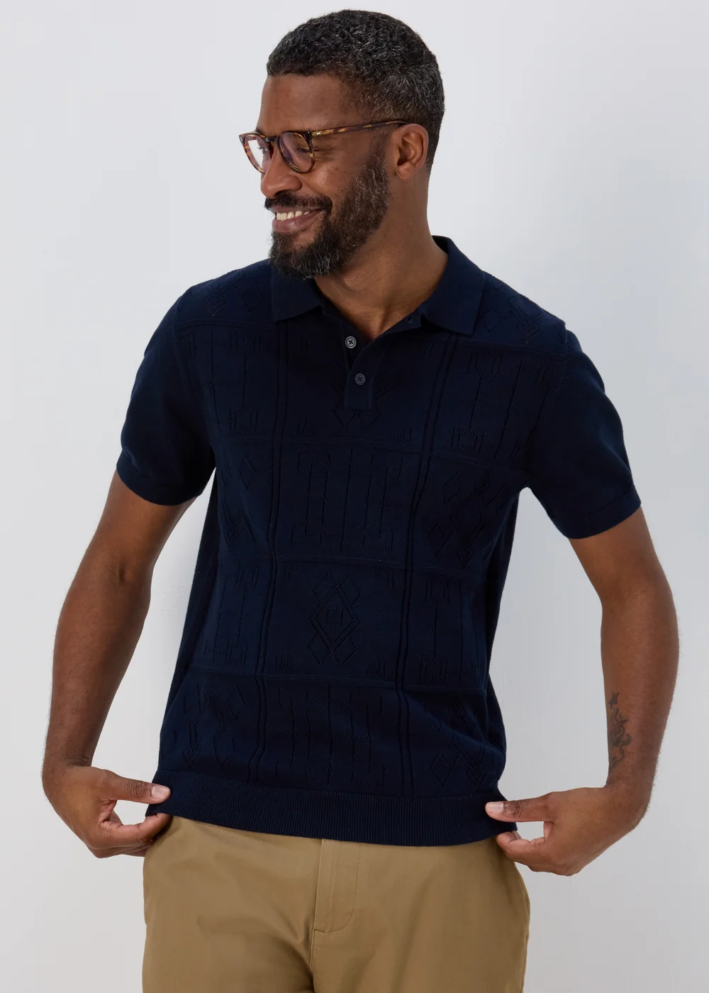 Navy Pointelle Smart Knitted Polo - S Image 1