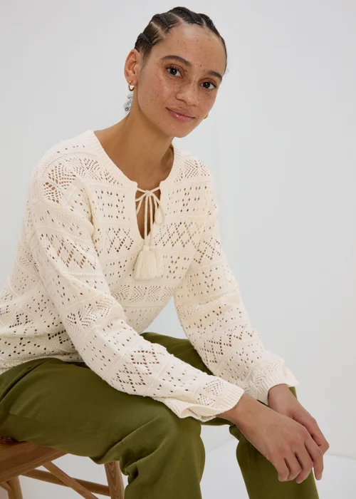 Cream Tie Front Stitch Jumper - XS Image 1