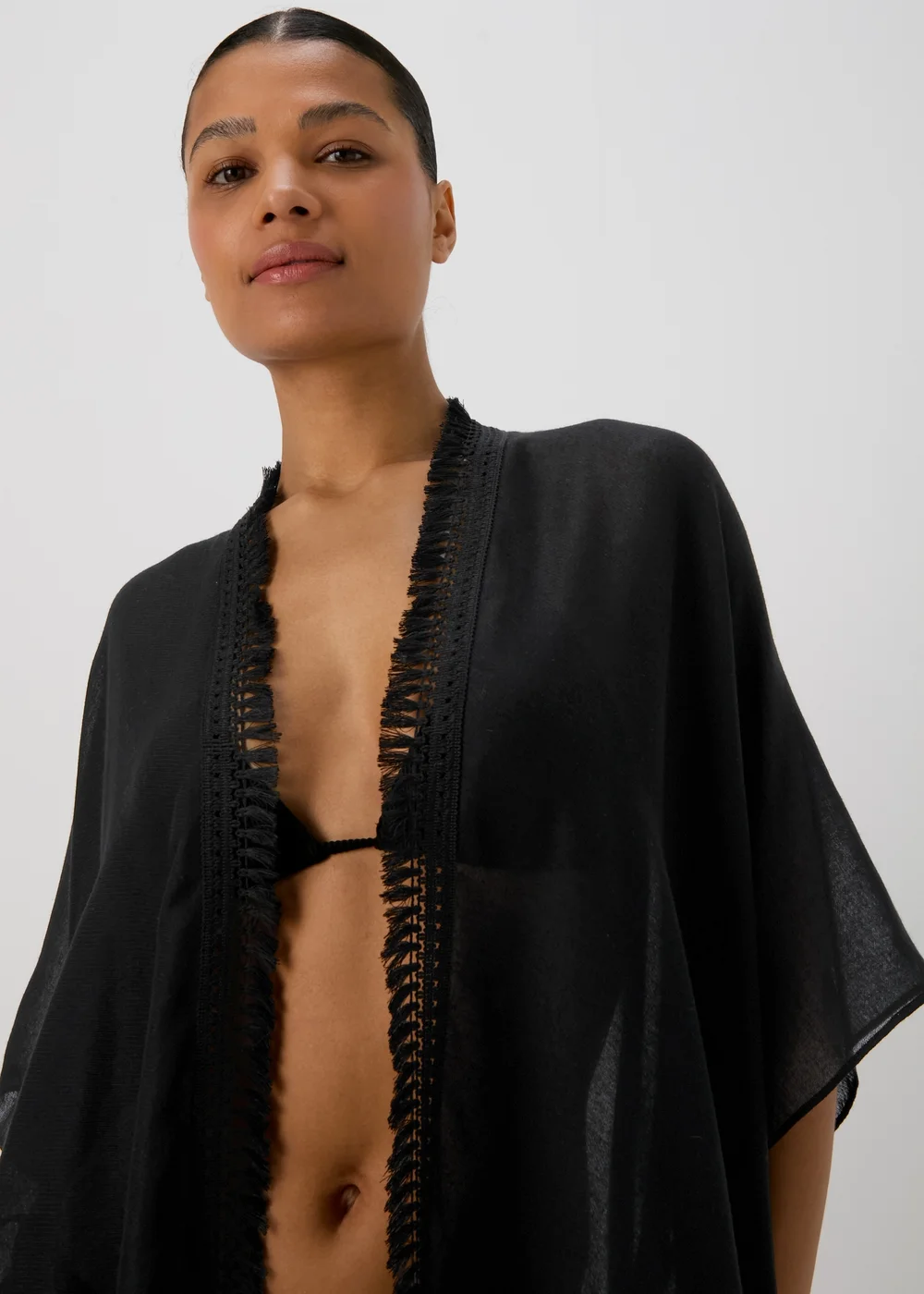 Black Solid Kimono - One Size Image 3