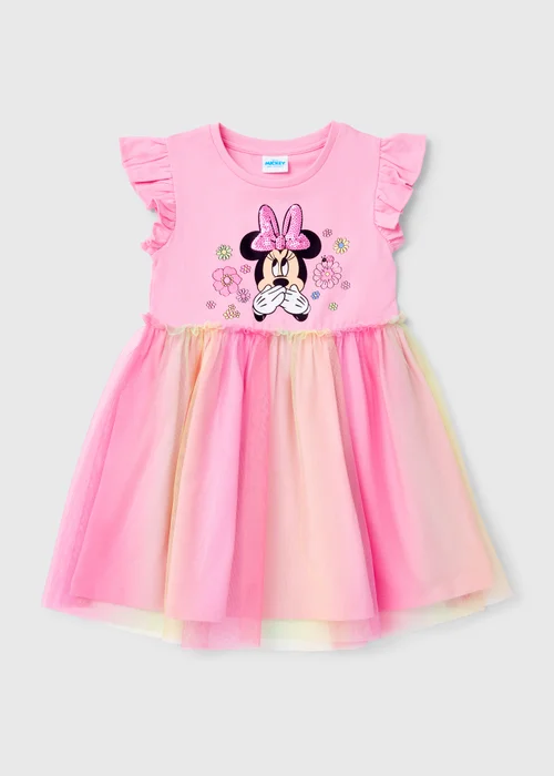Disney Girls Pink Minnie Mouse Rainbow Mesh Dress (9mths-7yrs) - 1-1.5 Yrs Image 1