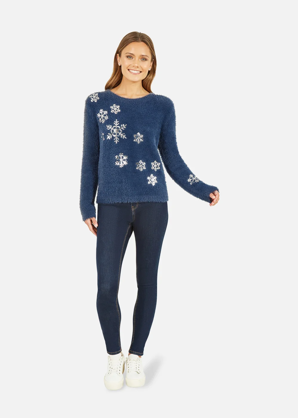 Mela Sequin Snowflake Fluffy Jumper In Navy - S Image 2