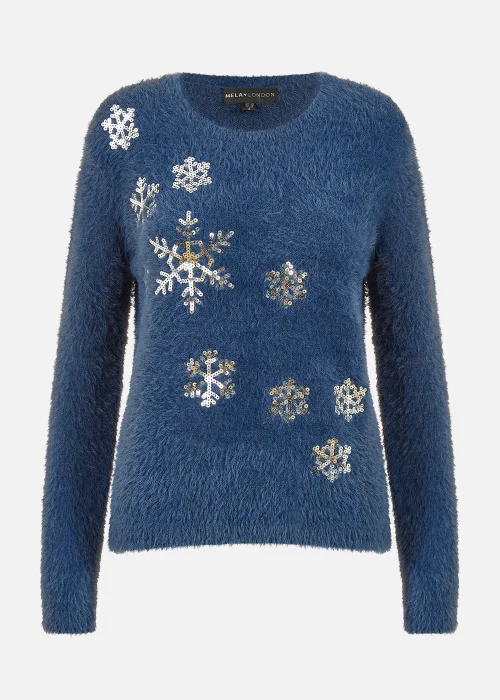 Mela Sequin Snowflake Fluffy Jumper In Navy - S Image 4