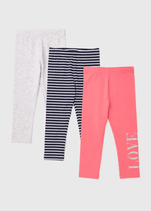 Girls 3 Pack Multicolour Stripe Sassy Print Leggings (1-7yrs) - 1 half year to 2 Image 1