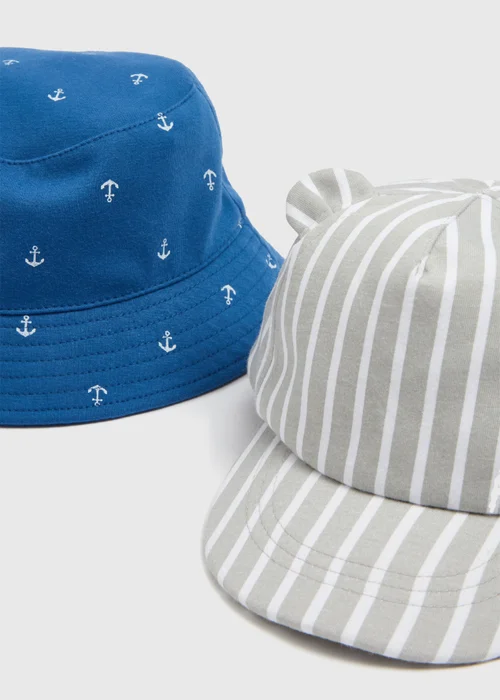 Baby 2 Pack Navy & Grey Nautical Hats (Newborn-24mths) - Age 0 - 3 Months Image 2