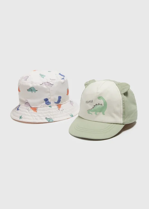 Baby 2 Pack Green & Stone Dino Hats (Newborn-24mths) - Age 0 - 3 Months Image 1