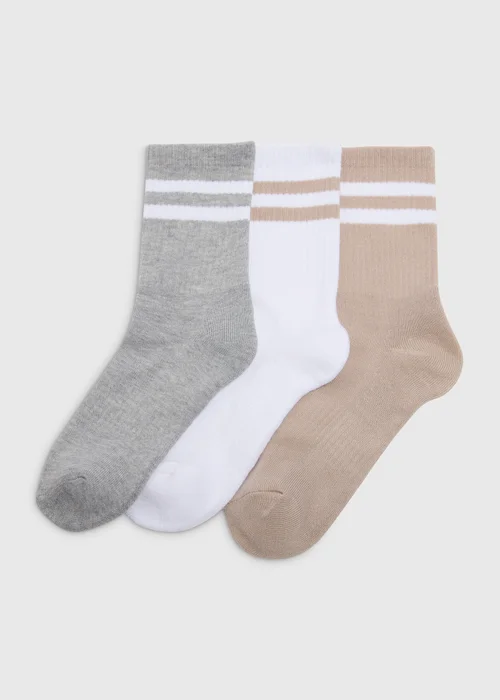 3 Pack Neutral Beige Sports Socks - One Size Image 1