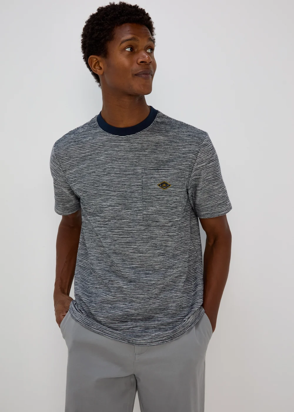White & Navy Textured Embroidered T-Shirt - S Image 1
