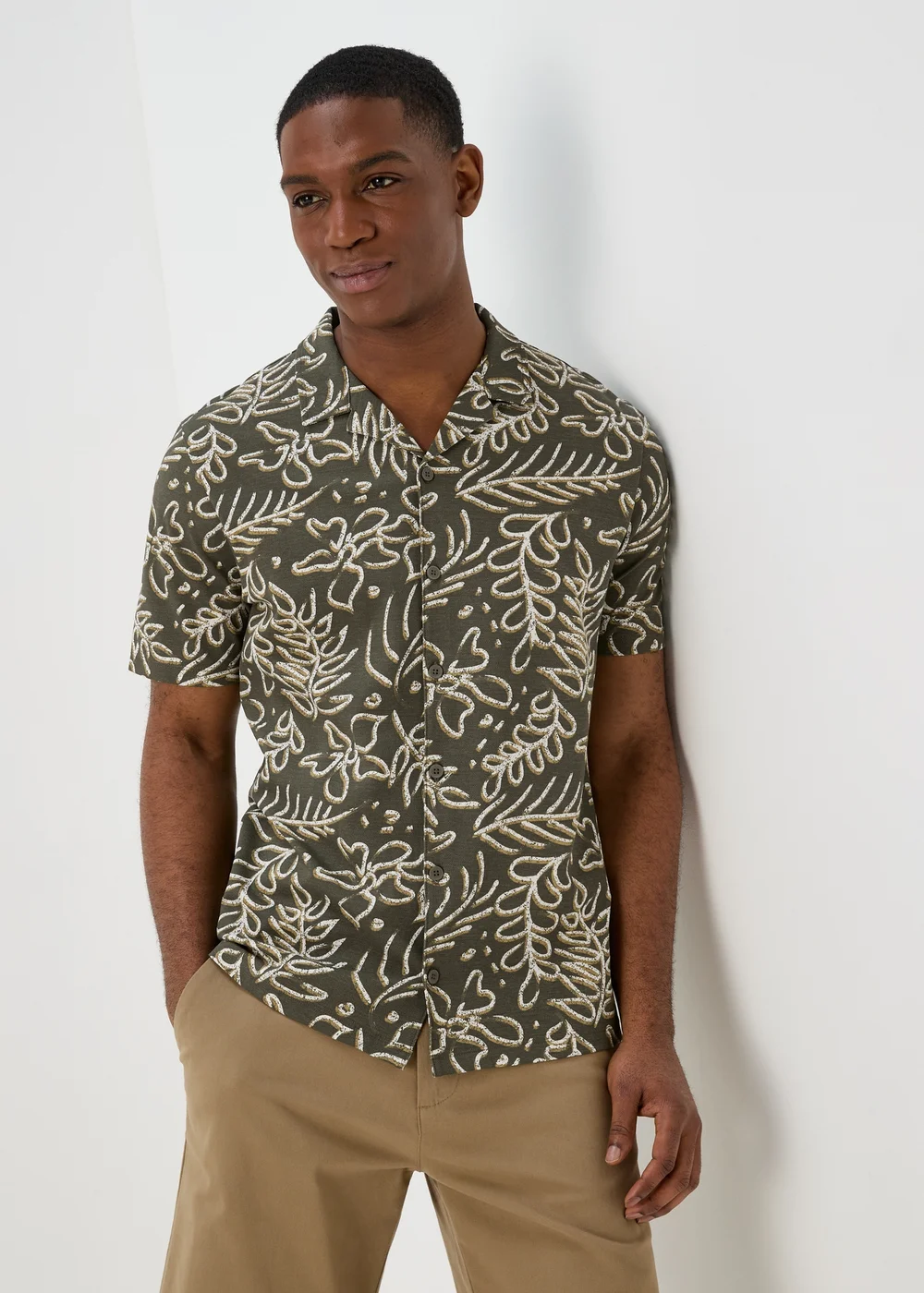 Khaki Leaf Print Jersey Shirt - Small Image 1