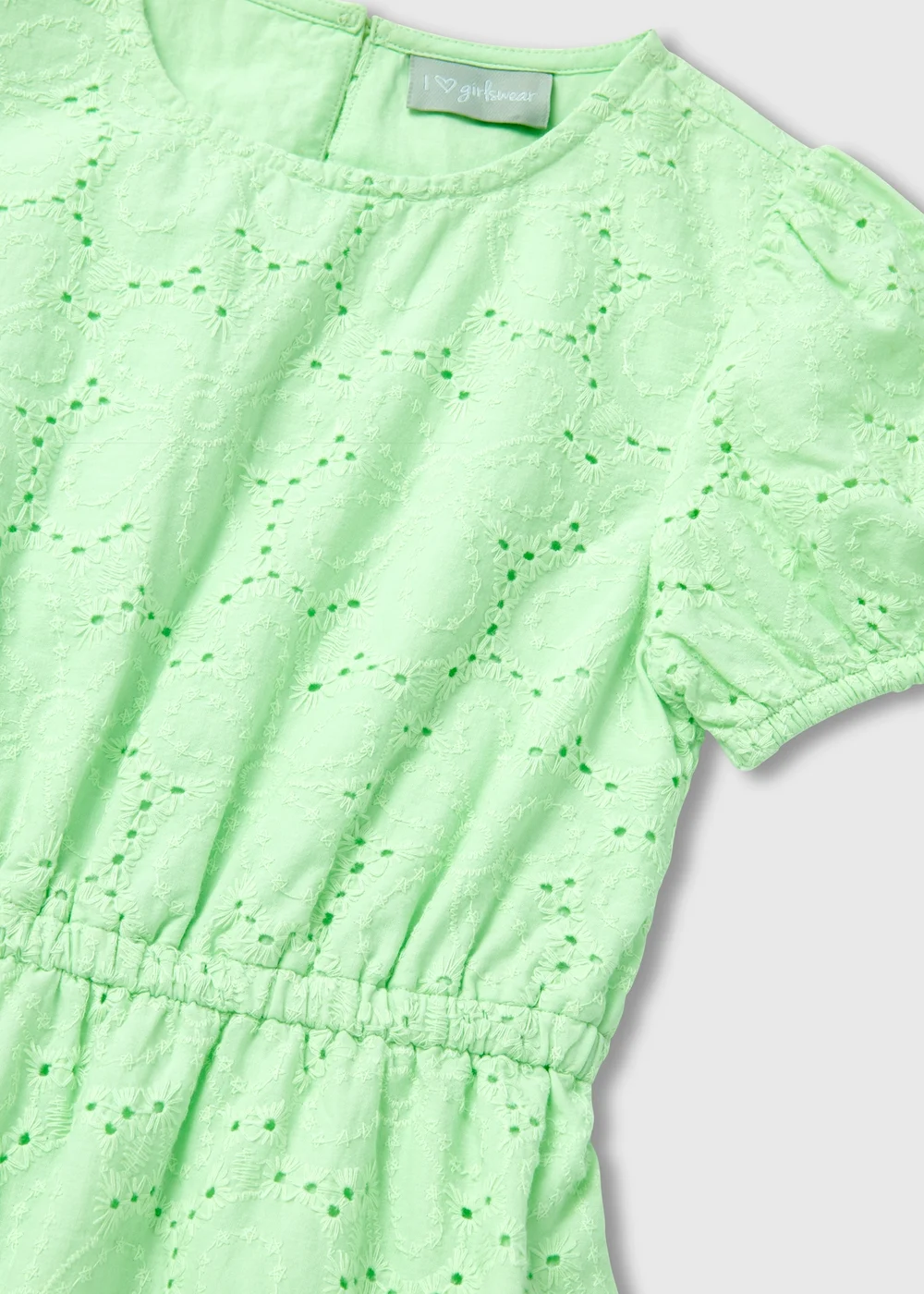Girls Green Puff Sleeve Schiffli Dress (7-13yrs) - 7 Yrs Image 2