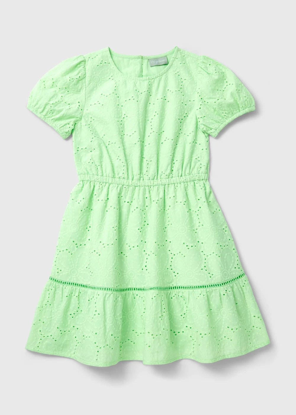 Girls Green Puff Sleeve Schiffli Dress (7-13yrs) - 7 Yrs Image 1