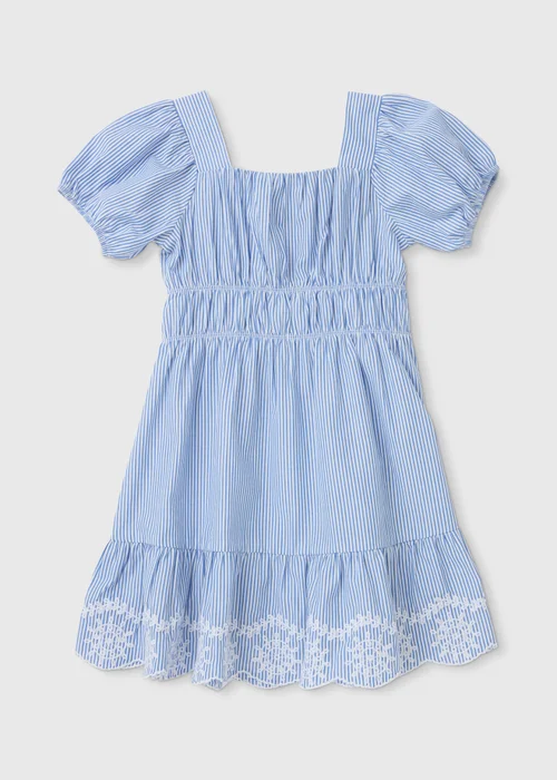 Girls Blue Stripe Embroidered Dress (7-13) - 7 Yrs Image 1