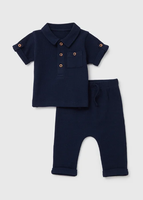 Baby Navy Preppy Boy Waffle Polo Set (Newborn- 23mths) - Newborn Image 1
