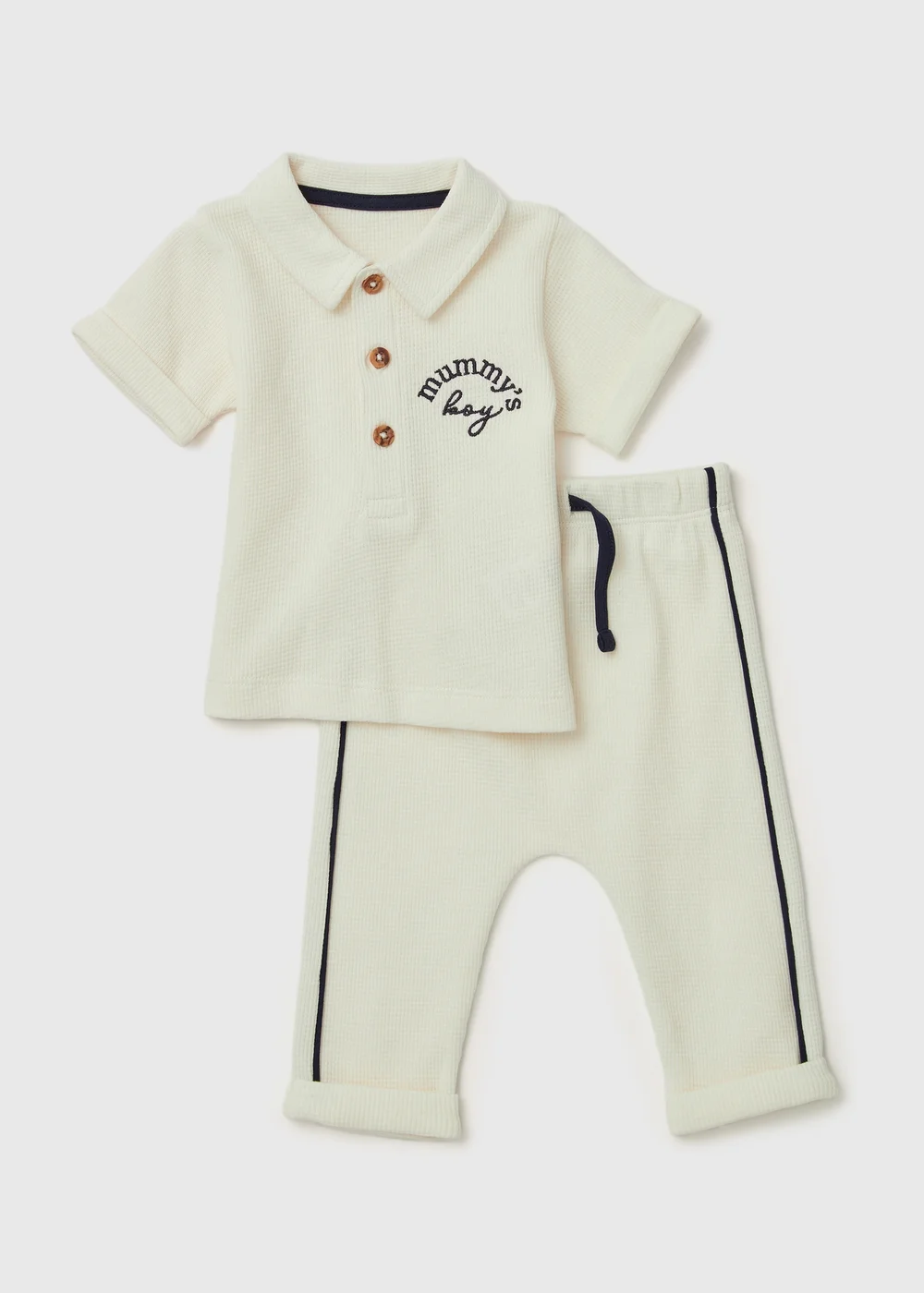 Boys Cream Mummy's Boy Waffle Polo Set (Newborn-23mths) - 0-3 months Image 1
