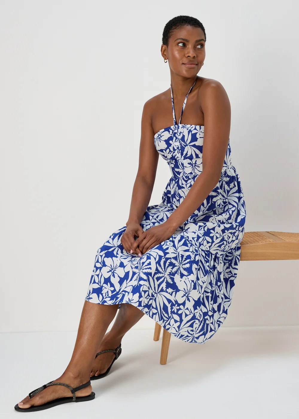 Blue Floral Bandeau Ruched Midi Dress - 8 Blue Floral Bandeau Ruched Midi Dress - 8
