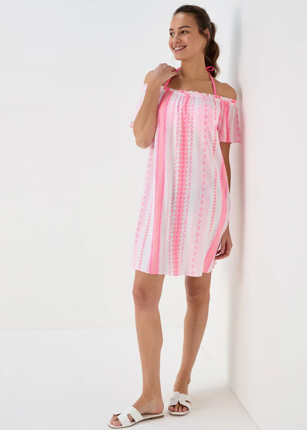 Pink Jacquard Bardot Viscose Mini Dress - 8 Image 1