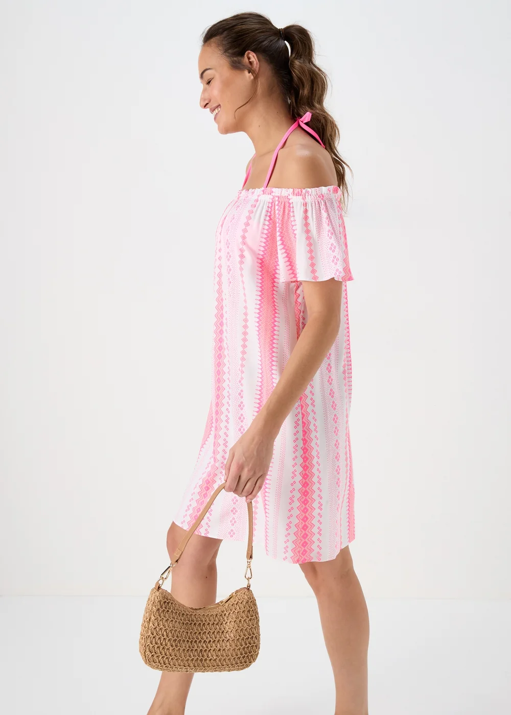 Pink Jacquard Bardot Viscose Mini Dress - 8 Image 4