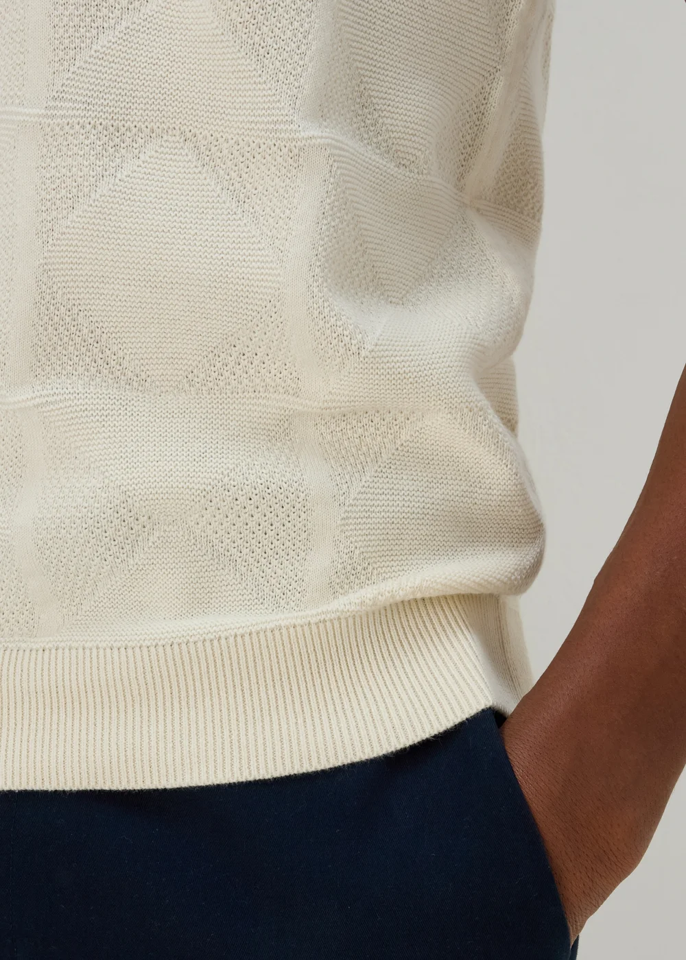 Ecru Notch Texture Knitted Polo Shirt - S Image 3