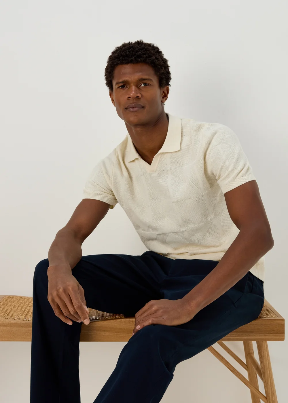 Ecru Notch Texture Knitted Polo Shirt - S Image 1