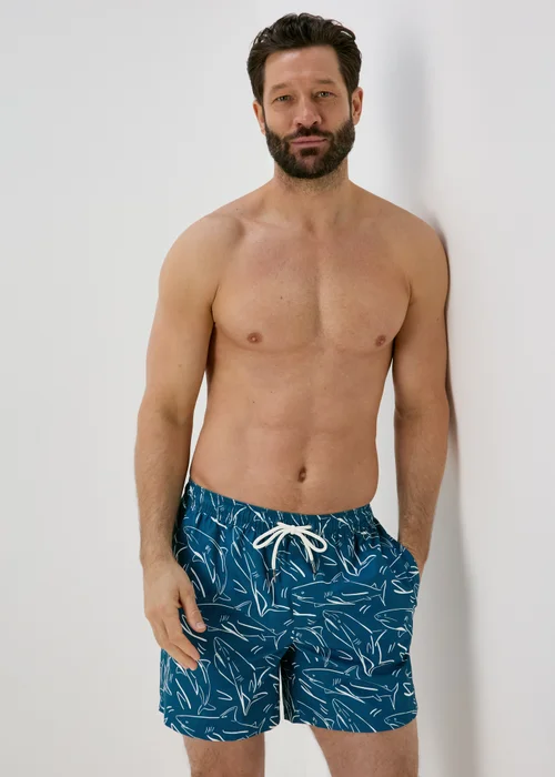 Navy Shark Print Swim Shorts - S Image 1
