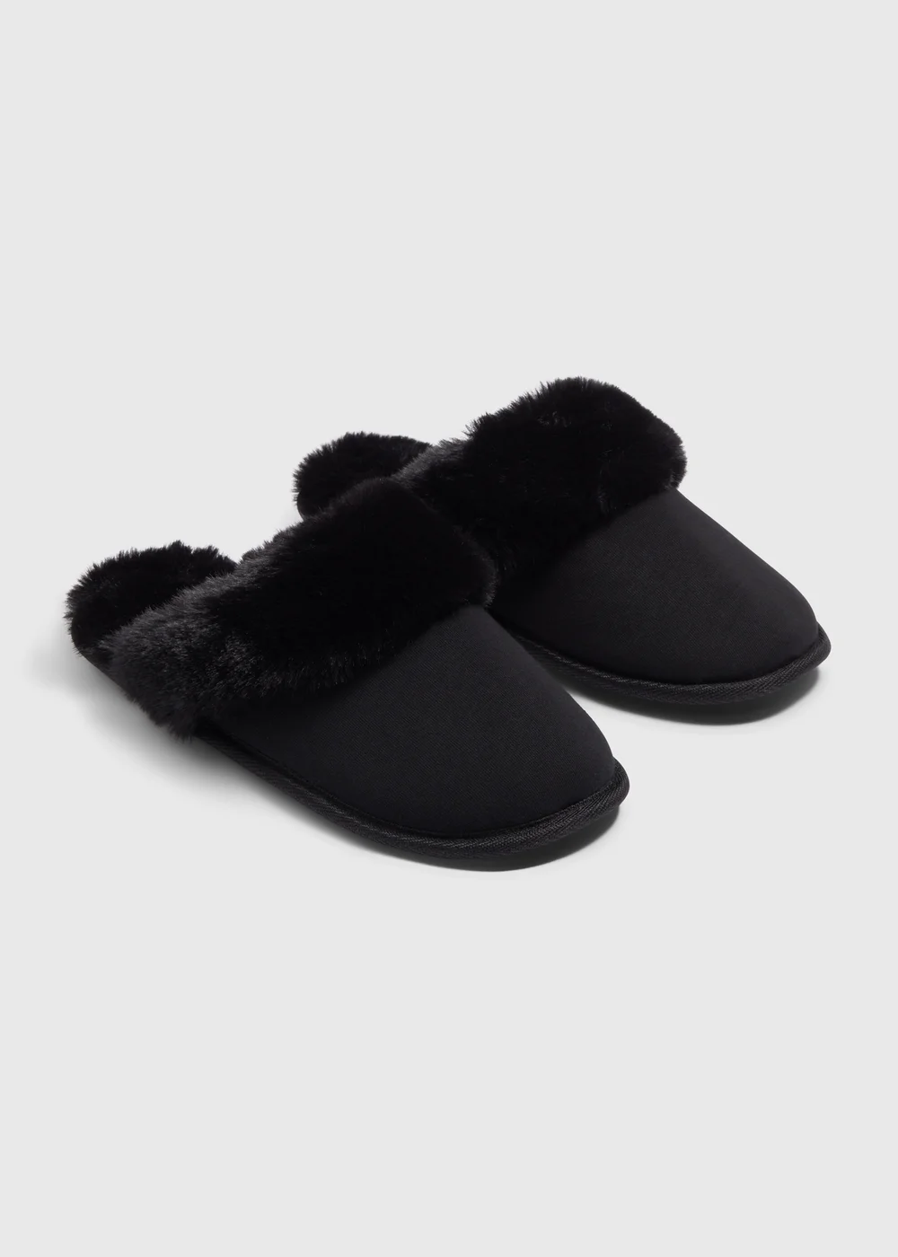 Black Fur Trim Mule Slippers - Small Image 1