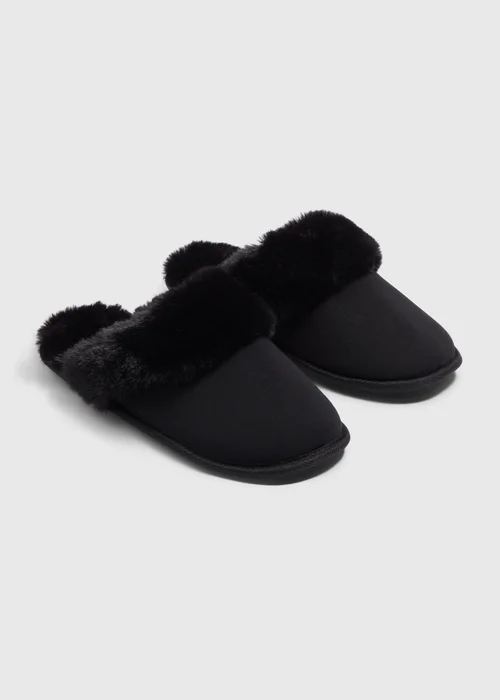 Black Fur Trim Mule Slippers - Small Image 1
