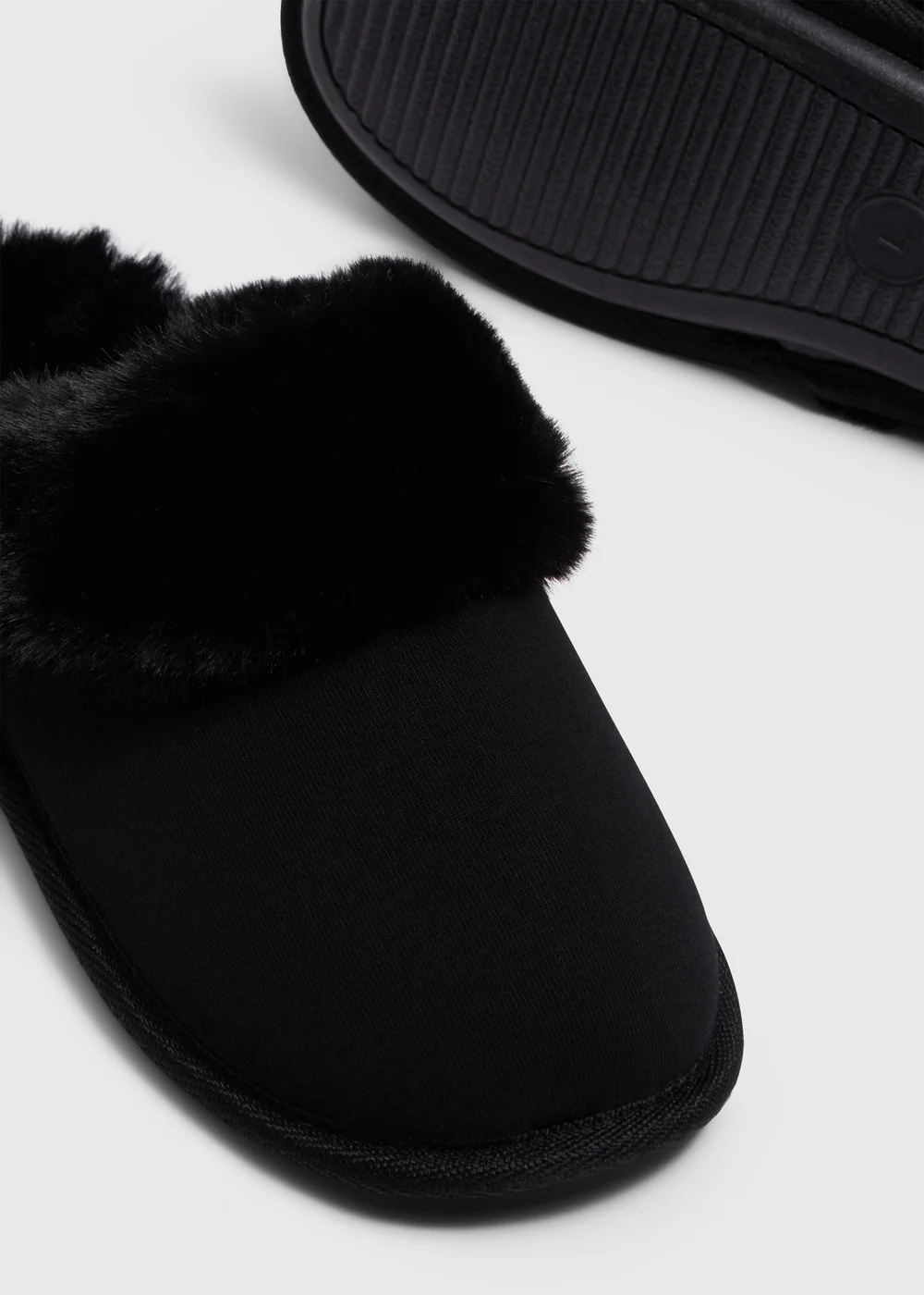 Black Fur Trim Mule Slippers - Small Image 2