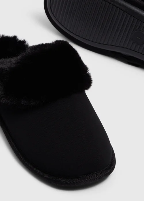 Black Fur Trim Mule Slippers - Small Image 2