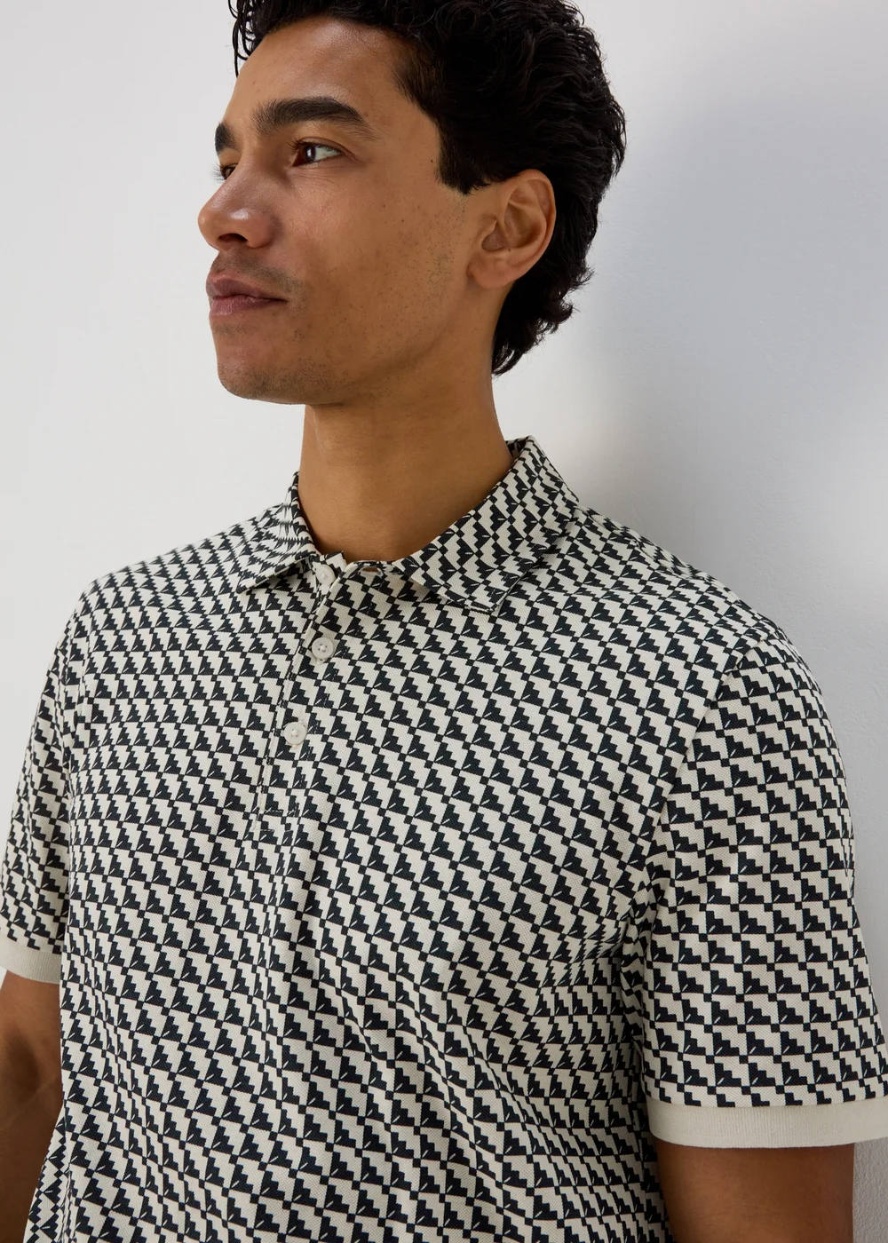 Ecru Stairs Grid Pattern Polo T-Shirt - Small Image 3