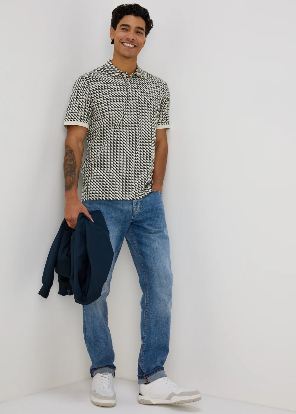 Ecru Stairs Grid Pattern Polo T-Shirt - Small Image 4