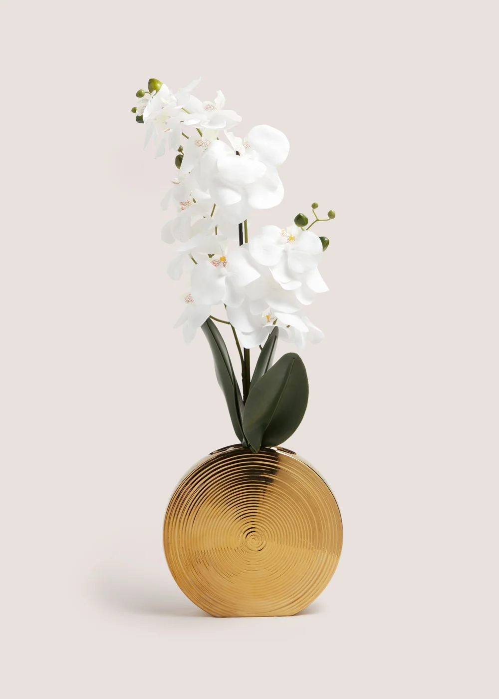 White Faux Orchid In Circular Gold Vase (35cm x 26cm x 74cm) Image 1