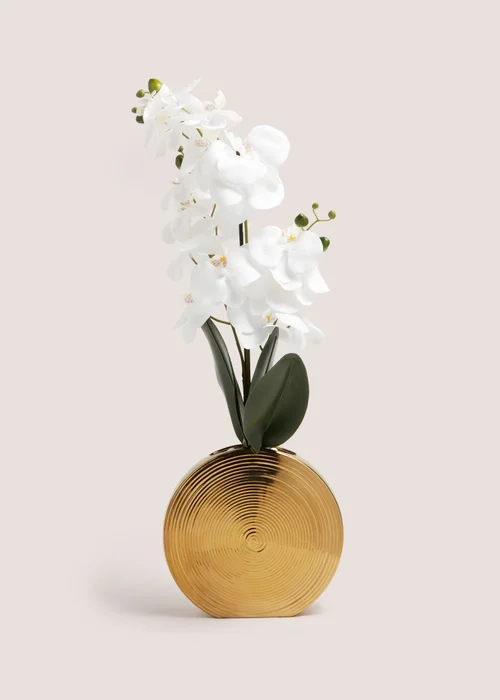 White Faux Orchid In Circular Gold Vase (35cm x 26cm x 74cm) Image 1